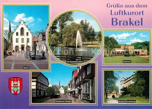 AK / Ansichtskarte Brakel_Westfalen Markt Kaiserbrunnen Fontaene Erlenhof Schloss Hinnenburg Ostheimer Strasse Brakel_Westfalen