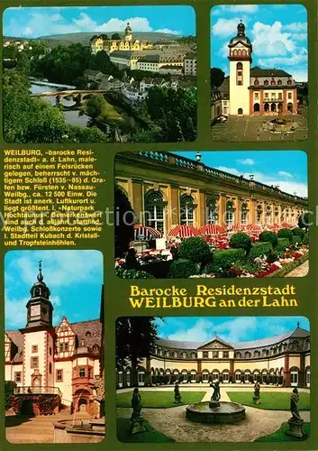 AK / Ansichtskarte Weilburg Stadtpanorama mit Lahn und Schloss Schlosskirche Orangerie Schlosshof Weilburg
