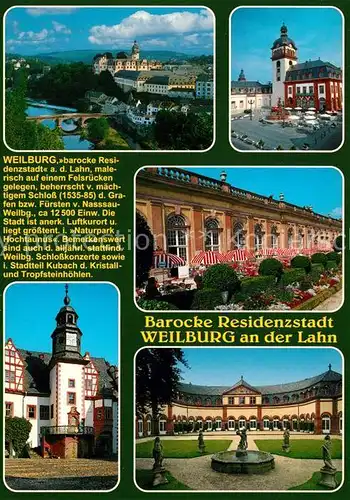 AK / Ansichtskarte Weilburg Stadtpanorama mit Lahn und Schloss Marktplatz Orangerie Schlosshof Weilburg