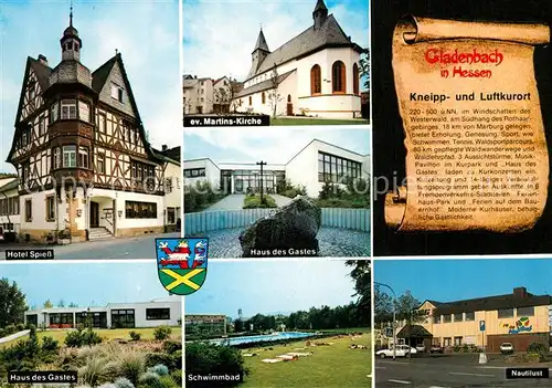 AK / Ansichtskarte Gladenbach Hotel Spiess Fachwerkhaus Kirche Haus des Gastes Schwimmbad Nautilust Gladenbach