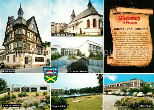 AK / Ansichtskarte Gladenbach Hotel Spiess Fachwerkhaus Kirche Haus des Gastes Schwimmbad Hallenbad Gladenbach