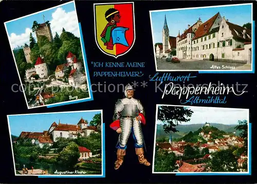 AK / Ansichtskarte Pappenheim_Mittelfranken Burg Altes Schloss Augustiner Kloster Stadtpanorama Ritter Wappen Pappenheim Mittelfranken