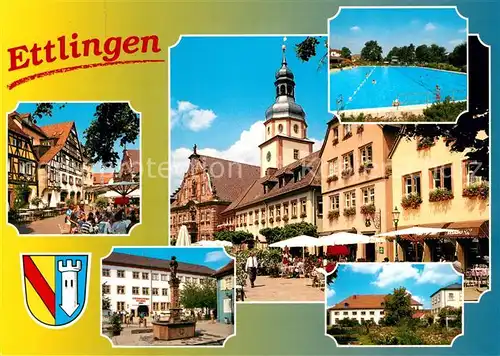 AK / Ansichtskarte Ettlingen Teilansichten Innenstadt Brunnen Kirche Freibad Wappen Ettlingen