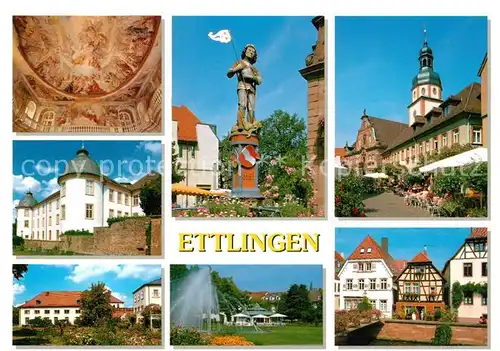 AK / Ansichtskarte Ettlingen Fresken Schloss Brunnenfigur Strassencafes Kirche Parkanlage Ettlingen