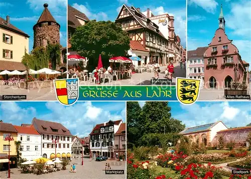 AK / Ansichtskarte Lahr_Baden Storchenturm Marktstrasse Strassencafe Rathaus Stadtpark Marktplatz Wappen Lahr_Baden