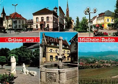 AK / Ansichtskarte Muellheim_Baden Innenstadt Kirche Brunnen Skulptur Statue Landschaftspanorama Muellheim_Baden