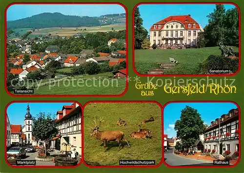 AK / Ansichtskarte Gersfeld_Rhoen Teilansicht Sanatorium Rathaus Marktplatz Hochwildschutzpark Gersfeld Rhoen