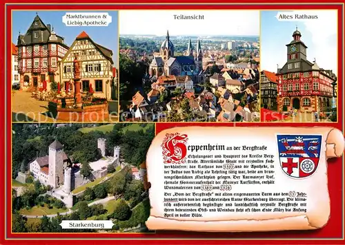 AK / Ansichtskarte Heppenheim_Bergstrasse Marktbrunnen Liebig Apotheke Panorama Altes Rathaus Starkenburg Heppenheim_Bergstrasse