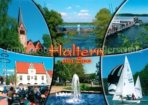 AK / Ansichtskarte Haltern_See Kirche Bootssteg Rathaus Springbrunnen Segelboote Haltern See