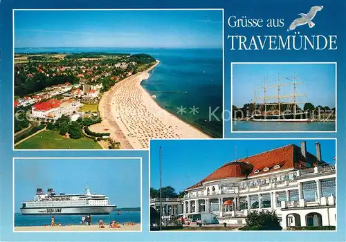 AK / Ansichtskarte Travemuende_Ostseebad Fliegeraufnahme  Kurhaus Segelschiff Strand Silja Line Travemuende_Ostseebad