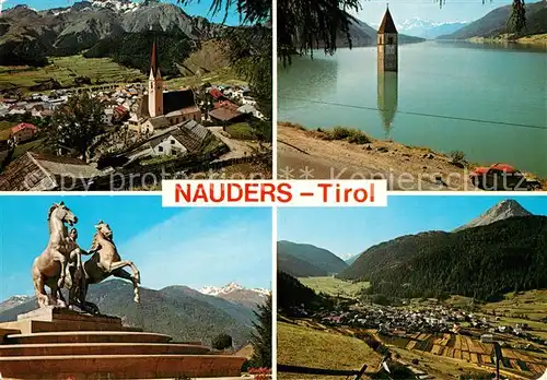 AK / Ansichtskarte Nauders_Tirol Gesamtansicht mit Alpenpanorama Versunkener Turm Rechensee Denkmal Nauders Tirol