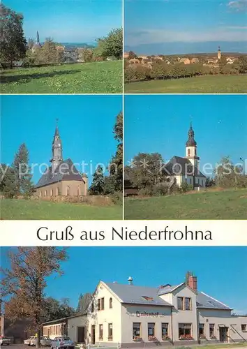 AK / Ansichtskarte Niederfrohna Christus Kirche Johanniskirche  Gaststaette Lindenhof Panorama Niederfrohna