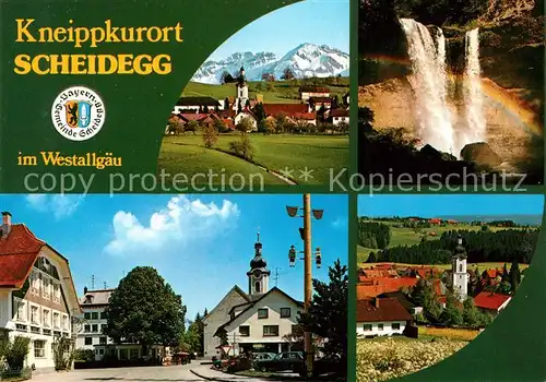 AK / Ansichtskarte Scheidegg_Allgaeu Kneippkurort Wasserfall Kirchenpartie Scheidegg Allgaeu