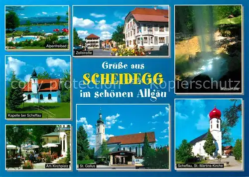 AK / Ansichtskarte Scheidegg_Allgaeu Freibad Wasserfaelle Scheffau Kirche St. Gallus Kirchplatz Zollstrasse Scheidegg Allgaeu