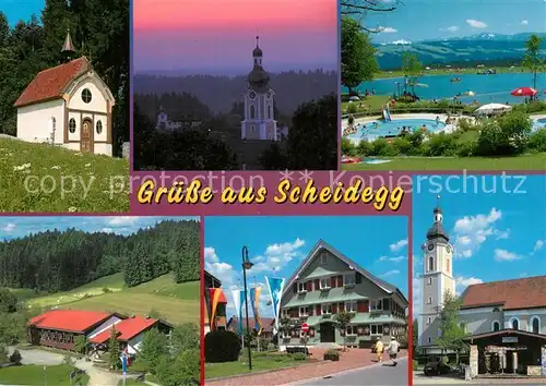 AK / Ansichtskarte Scheidegg_Allgaeu Freibad Kirche  Scheidegg Allgaeu