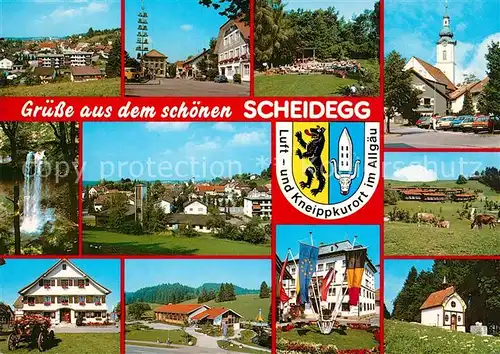 AK / Ansichtskarte Scheidegg_Allgaeu Wasserfaelle Kuehe Kirche Scheidegg Allgaeu