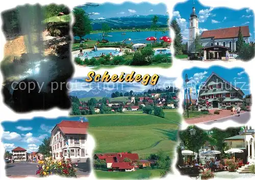 AK / Ansichtskarte Scheidegg_Allgaeu Wasserfall Kirche Freibad Scheidegg Allgaeu