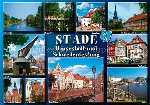 AK / Ansichtskarte Stade_Niederelbe Schwedenfestung Schwinge Berggraben Hafen Fischmarkt St. Johanniskloster Zeughaus Holzkran Stade Niederelbe