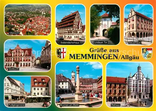 AK / Ansichtskarte Memmingen Fliegeraufnahme Siebendaecherhaus Lindauer Tor Steuerhaus Grosszunft Brunnen Markt Rathaus Memmingen