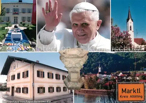 AK / Ansichtskarte Marktl_Inn Geburtshaus von Pabst Benedikt Pfarrhof Taufstein Pfarrkirche Marktl_Inn