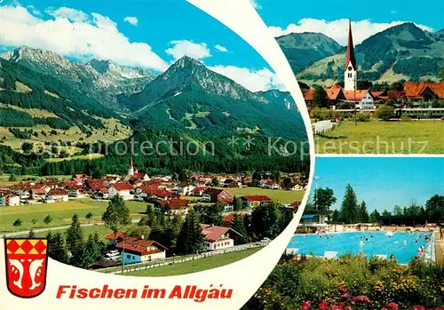 AK / Ansichtskarte Fischen_Allgaeu Gesamtansicht mit Alpenpanorama Kirche Freibad Fischen Allgaeu