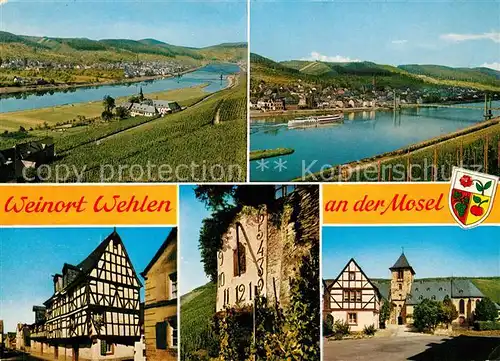 AK / Ansichtskarte Wehlen_Mosel Landschaftspanorama Weinberge Fachwerkhaus Sonnenuhr Kirche Wehlen_Mosel