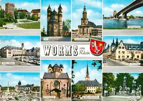 AK / Ansichtskarte Worms_Rhein Stadtmauer Turm Markt Rathaus Ludwigsplatz Dom Kirche DJH Nibelungenbruecke Lutherdenkmal Worms Rhein