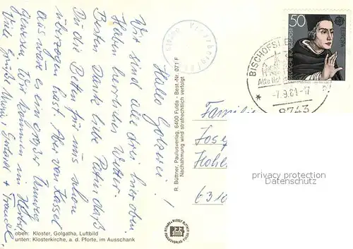 AK / Ansichtskarte Kreuzberg_Rhoen Kloster Golgatha Kreuz Klosterkirche Pforte Ausschank Priester Bernhardinder Hunde Fliegeraufnahme Kreuzberg Rhoen