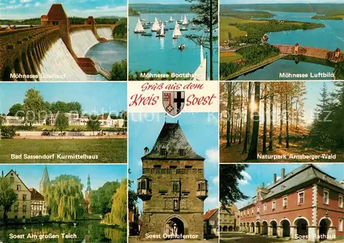 AK / Ansichtskarte Soest_Arnsberg Moehnesee ueberlauf Sperrmauer Bootshafen Grosser Teich Osthafentor Rathaus Kurmittelhaus Bad Sassendorf Naturpark Arnsberg Wald Luftbild Soest_Arnsberg