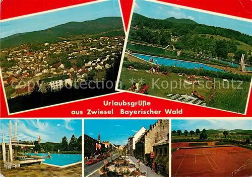 AK / Ansichtskarte Zwiesel_Niederbayern Gesamtansicht Freibad Tennisplaetze Hauptstrasse Zwiesel Niederbayern