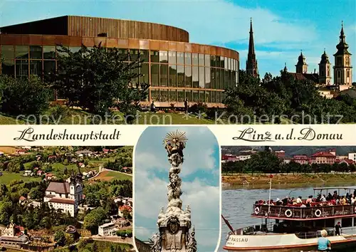 AK / Ansichtskarte Linz_Donau Brucknerhalle Poestlingberg Schiffstation Dreifaltigkeitssaeule Hauptplatz Fahrgastschiff Linz_Donau