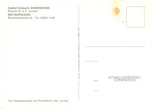 AK / Ansichtskarte Ruhpolding Gasthof Rotisserie Sonnenbichel Spezialitaeten des Hauses Fernsehkoch Max Inzinger Ruhpolding