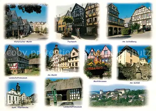 AK / Ansichtskarte Hachenburg_Westerwald Markt Fachwerk Schlossberg Landschaftsmuseum Marktbrunnen Kath Pfarrkirche Panorama Hachenburg_Westerwald