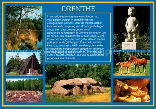 AK / Ansichtskarte Drenthe Landschaft Altes Haus Schafherde Partje Stute mit Fohlen Holzschuhe Steinbloecke Drenthe