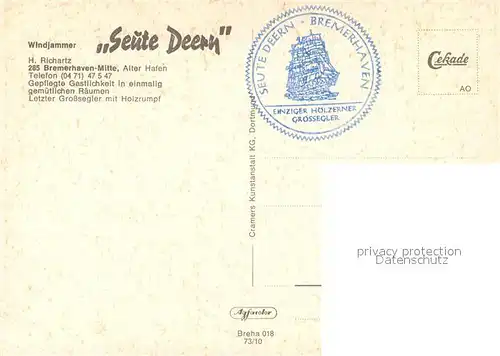 AK / Ansichtskarte Segelschiffe Windjammer Seute Deern Bremerhaven  Segelschiffe