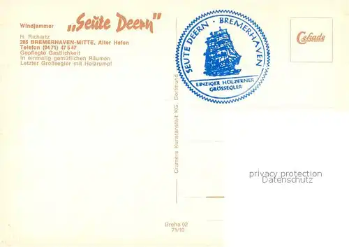 AK / Ansichtskarte Segelschiffe Windjammer Seute Deern Bremerhaven  Segelschiffe