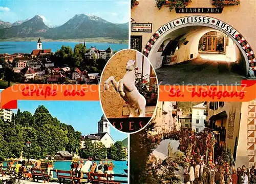 AK / Ansichtskarte St_Wolfgang_Salzkammergut Panorama Wolfgangsee Alpen Hotel Weisses Roessl Seepromenade Kirche Palmsonntag St_Wolfgang_Salzkammergut