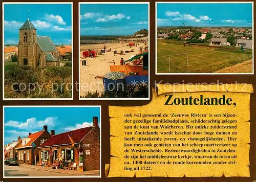 AK / Ansichtskarte Zoutelande Kirche Strand Ortsmotiv mit Einkaufsladen Panorama Zoutelande