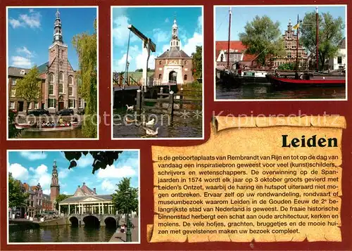 AK / Ansichtskarte Leiden Historische Gebaeude Kirche Zugbruecke Binnenschifffahrt Oude Rijn Leiden