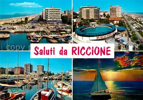 AK / Ansichtskarte Riccione Hafen Hotels Strand Aquarium Sonnenuntergang am Meer Segelboot Riccione