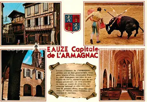 AK / Ansichtskarte Eauze Place Armagnac Maison Jeanne dAlbret Corrida Cloitre du college St Taurin Interieur cathedrale St Luperc et clocher cathedrale St Luperc Eauze