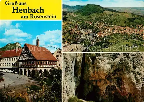AK / Ansichtskarte Heubach_Wuerttemberg Rathaus mit Ruine Rosenstein Scheuelberg Dreieingangshoehle Heubach Wuerttemberg