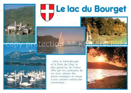 AK / Ansichtskarte Aix les Bains Lac du Bourget Abbaye d Hautecombe voiliers Statue de Lamartine cygnes Mont Revard Coucher de soleil Aix les Bains