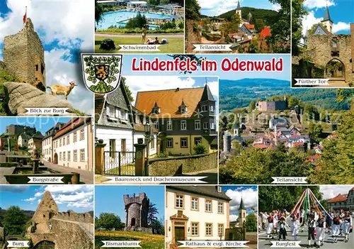 AK / Ansichtskarte Lindenfels_Odenwald Burg Schwimmbad Baureneck Drachenmuseum Bismarckturm Rathaus Kirche Tor Burgfest Lindenfels Odenwald