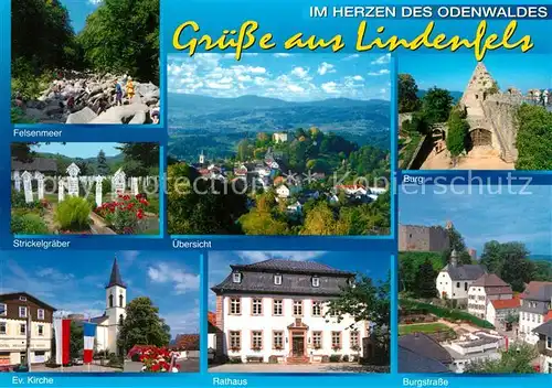 AK / Ansichtskarte Lindenfels_Odenwald Felsenmeer Strickelgraeber Kirche Rathaus Burgstrasse Burg Panorama Perle des Odenwaldes Lindenfels Odenwald