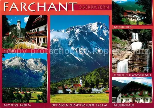 AK / Ansichtskarte Farchant Kirche Bauernhof Kuhfluchtwasserfaelle Bauernhaus Zugspitz Alpspitze Farchant