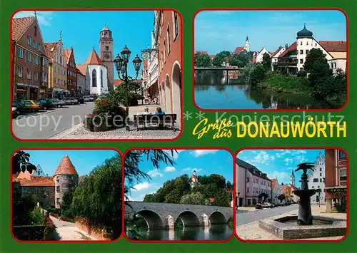 AK / Ansichtskarte Donauwoerth Brueckenpartie Kirche Brunnen an der Romantischen Strasse Donauwoerth