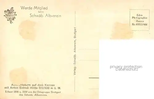 AK / Ansichtskarte Stuttgart Aussichtsturm auf dem Kernen mit Entress Huette Stuttgart