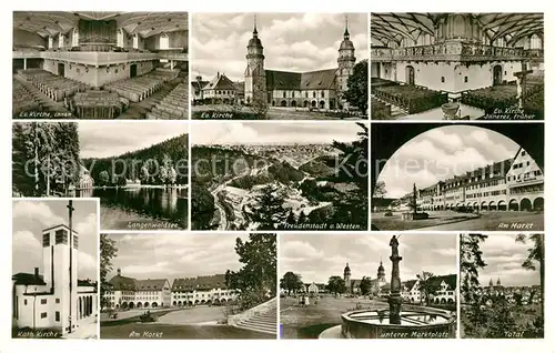 AK / Ansichtskarte Freudenstadt Ev Kirche Inneres Langenwaldsee Panorama Am Markt Kath Kirche Unterer Marktplatz mit Brunnen Total Freudenstadt