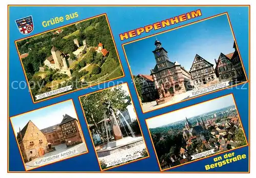 AK / Ansichtskarte Heppenheim_Bergstrasse Kurfuerstlicher Amtshof Jokus Brunnen Rathaus Marktplatz Stadtbild mit Dom Starkenburg Fliegeraufnahme Heppenheim_Bergstrasse